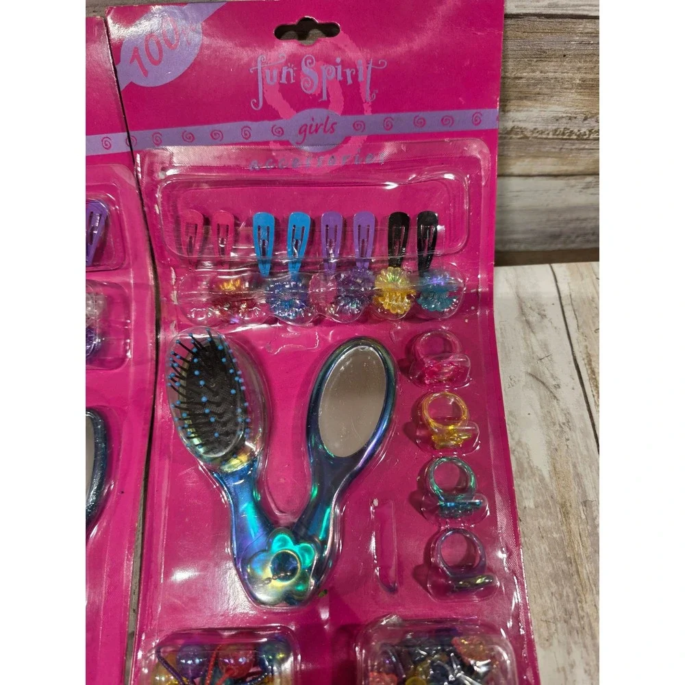 2- Vtg Fun Spirit Girls Hair Accessories 100pc Set Brush Mirror Clips Ties Clips